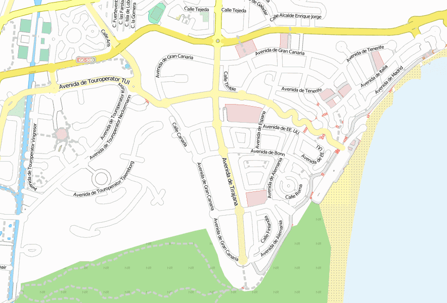 Playa del Inglés-Stadtplan mit Luftaufnahme und Unterkünften von Gran